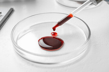 Dripping blood from pipette into Petri dish on table, closeup. Laboratory analysis