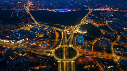 Aerial view of Vilnius panorama at night long exposure roads by drone