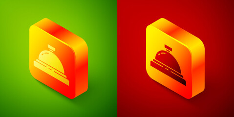 Isometric Hotel service bell icon isolated on green and red background. Reception bell. Square button. Vector Illustration.