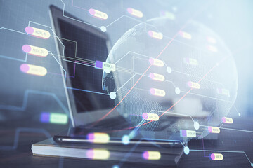 Multi exposure of table with computer and world map hologram. International data network concept.