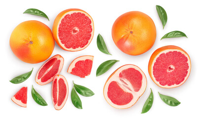 Grapefruit and slices isolated on white background. Top view with copy space for your text. Flat lay. With clipping path and full depth of field
