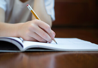 Child holding pencil writes in a notebook