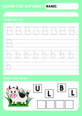 Kids learning material. Worksheet for learning alphabet. Letter B.