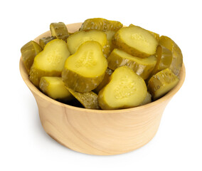 Marinated pickled cucumber in wooden bowl isolated on white background with clipping path and full depth of field
