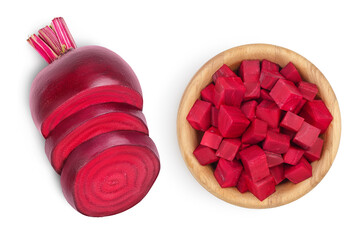 beetroot diced in wooden bowl isolated on white background with clipping path and full depth of field. Top view. Flat lay