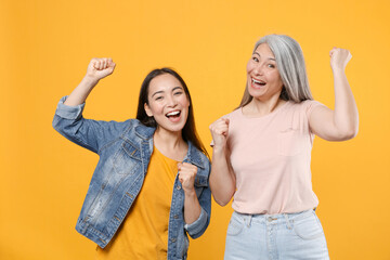 Happy joyful family two asian women girls gray-haired mother and brunette daughter in casual...