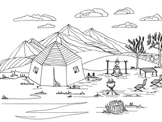 Anti-stress coloring black and white vector drawing drawn by hand. Illustration of a tent, for painting mountains, campfire, barbecue, chaise longue. Suitable for posters, postcards, stickers