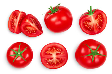Tomato with half and slices isolated on white background. Clipping path and full depth of field. Top view. Flat lay