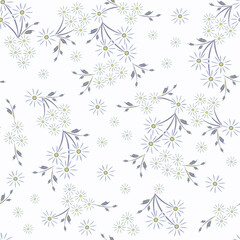 Fototapeta na wymiar Vector seamless pattern with small scattered flowers, daisies, leaves. Liberty style print. Elegant floral background. Simple ditsy texture. Blue and white color. Repeat design for wallpapers, fabric