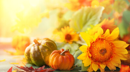 Autumn festive background with sunflowers, pumpkins and fall leaves. Concept of Thanksgiving day or...