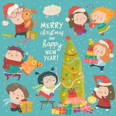 Obraz na płótnie Canvas Happy cartoon children with Christmas decor. Merry Christmas