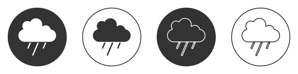 Black Cloud with rain icon isolated on white background. Rain cloud precipitation with rain drops. Circle button. Vector.