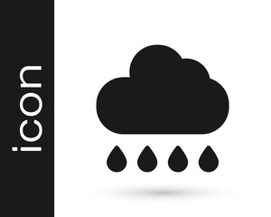 Black Cloud with rain icon isolated on white background. Rain cloud precipitation with rain drops. Vector.