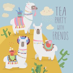 Cute friends mexican white alpaca llamas drinking tea