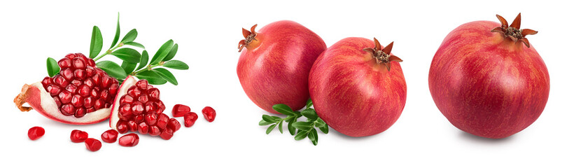 Pomegranate with leaf isolated on white background with clipping path and full depth of field. Set or collection