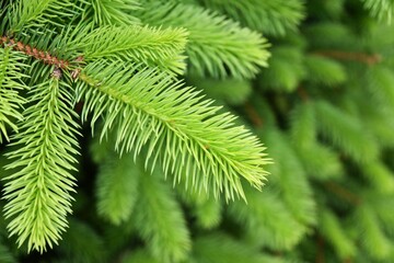 New green tender spruce, young pine needles selective focus. Ingredient for medicine treatment oil. growing fir tree sprouts on branch on blurred green background. Evergreen tree