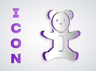 Paper cut Teddy bear plush toy icon isolated on grey background. Paper art style. Vector.
