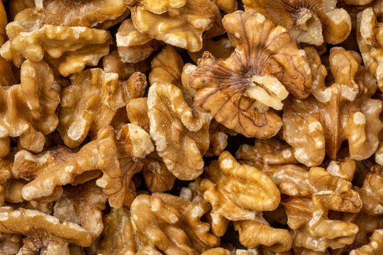 shelled English walnuts background - superfood concept