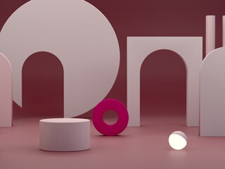 Minimal scene with podium, arch  and abstract background. Geometric shapes. Garnet color, dark scene with lights and geometrical forms and textured background for cosmetic product. 3d render