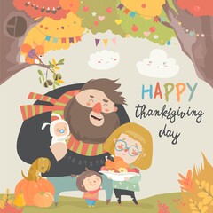 Obraz na płótnie Canvas Vector illustration of a cartoon happy family celebrating Thanksgiving Day