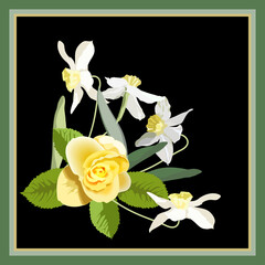 Fototapeta na wymiar Vector floral pattern on a black background with a yellow rose and daffodils, for the design of a scarf, napkin, tiles. Spring flowers.