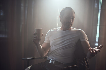 cinematic photo shoot of the confident actor celebrity look in foggy loft room