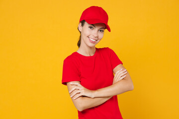 Delivery employee woman in red cap blank t-shirt uniform workwear work courier in service during...