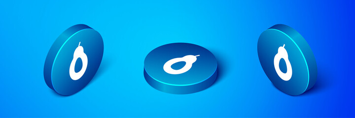 Isometric Avocado fruit icon isolated on blue background. Blue circle button. Vector.