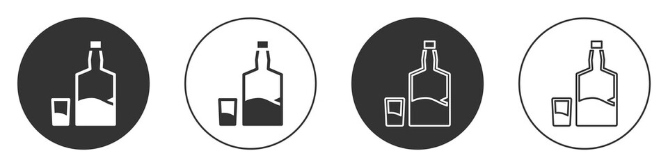 Black Tequila bottle and shot glass icon isolated on white background. Mexican alcohol drink. Circle button. Vector.