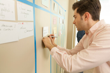 Agile software team member writing on the iteration card wall