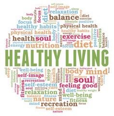 Fototapeta premium Healthy living vector illustration word cloud isolated on a white background.