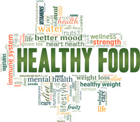 Healthy food vector illustration word cloud isolated on a white background.