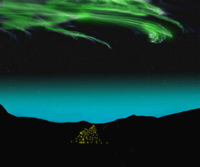 Northern lights or the auroa borealis over a valley'