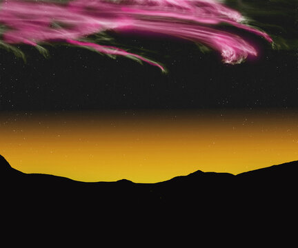 Northern lights or the auroa borealis over a valley'