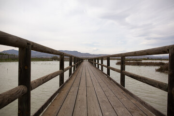 Fototapeta premium Bridge made of wood in the natural park called 'El Hondo' in a cloudy day in Elche, Alicante, Spain
