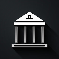 Silver Museum building icon isolated on black background. Long shadow style. Vector.