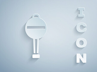 Paper cut Rattle baby toy icon isolated on grey background. Beanbag sign. Paper art style. Vector.