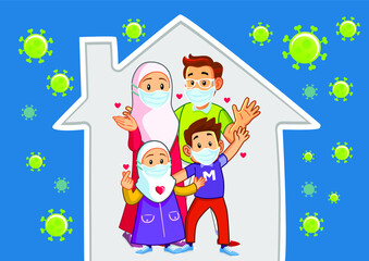 Obraz na płótnie Canvas happy muslim family in the house protected by corona virus