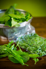 fresh green sorrel in a vacuum bag, in a colander