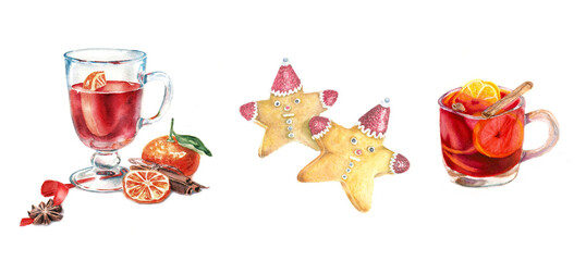 Watercolor illustration set. Gingerbread star. Mulled wine. Cocktail, alcohol. Christmas menu for home, café, restaurant. Cooking. Aroma. Decoration. Print new year. Home made. Drawing. Isolated. 