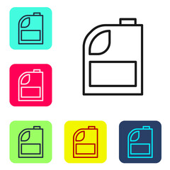 Black line Canister for motor machine oil icon isolated on white background. Oil gallon. Oil change service and repair. Engine oil sign. Set icons in color square buttons. Vector Illustration.