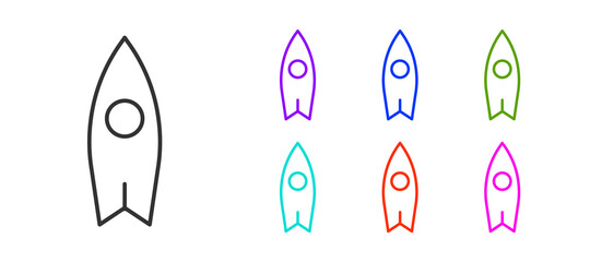 Black line Surfboard icon isolated on white background. Surfing board. Extreme sport. Sport equipment. Set icons colorful. Vector Illustration.