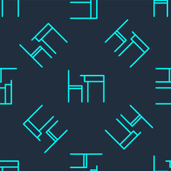 Green line School table and chair of classroom icon isolated seamless pattern on blue background. School desk. Vector Illustration.