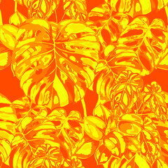 Naklejka na ściany i meble Tropical pattern. Jungle exotic summer print. Summer tropical leaf. Tropical flower fashion pattern. Floral tropic illustration. Vector seamless pattern. Beautiful print with tropical leaves.