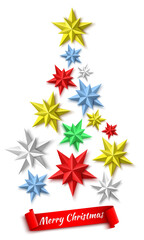Christmas tree made of colorful stars with red ribbon. Vector illustration.