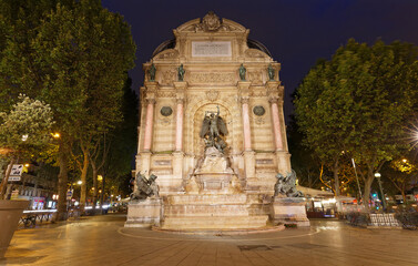 Fountain Saint-Michel at Place Saint-Michel in Paris, France. It was constructed in 1858-1860.