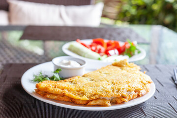 Big potato pancake with sour cream. Deruny or Draniki on white plate, selective focus