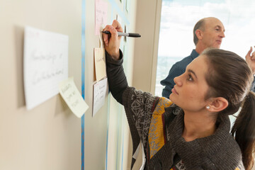 Agile software team member writing on the iteration card wall