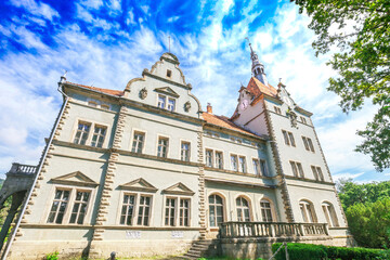 Fototapeta na wymiar Old Shenborn Palace in Carpathians by blue sky, Ukraine