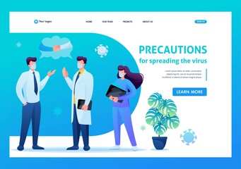 Virus can be transmitted through a Handshake, so say Hello verbally. Keeps a social distance and wears masks. Flat 2D. Vector illustration landing page